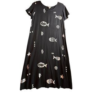 Vtg Connie Choi‎ 90’s Tropical TieBack Maxi Dress Fish Beach Retro Artsy Sz L